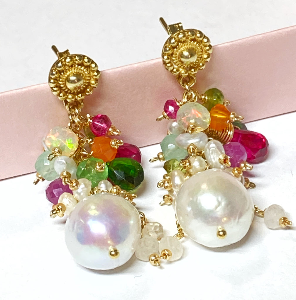 Colorful Gemstone Pearl Cluster Earrings Gold Post