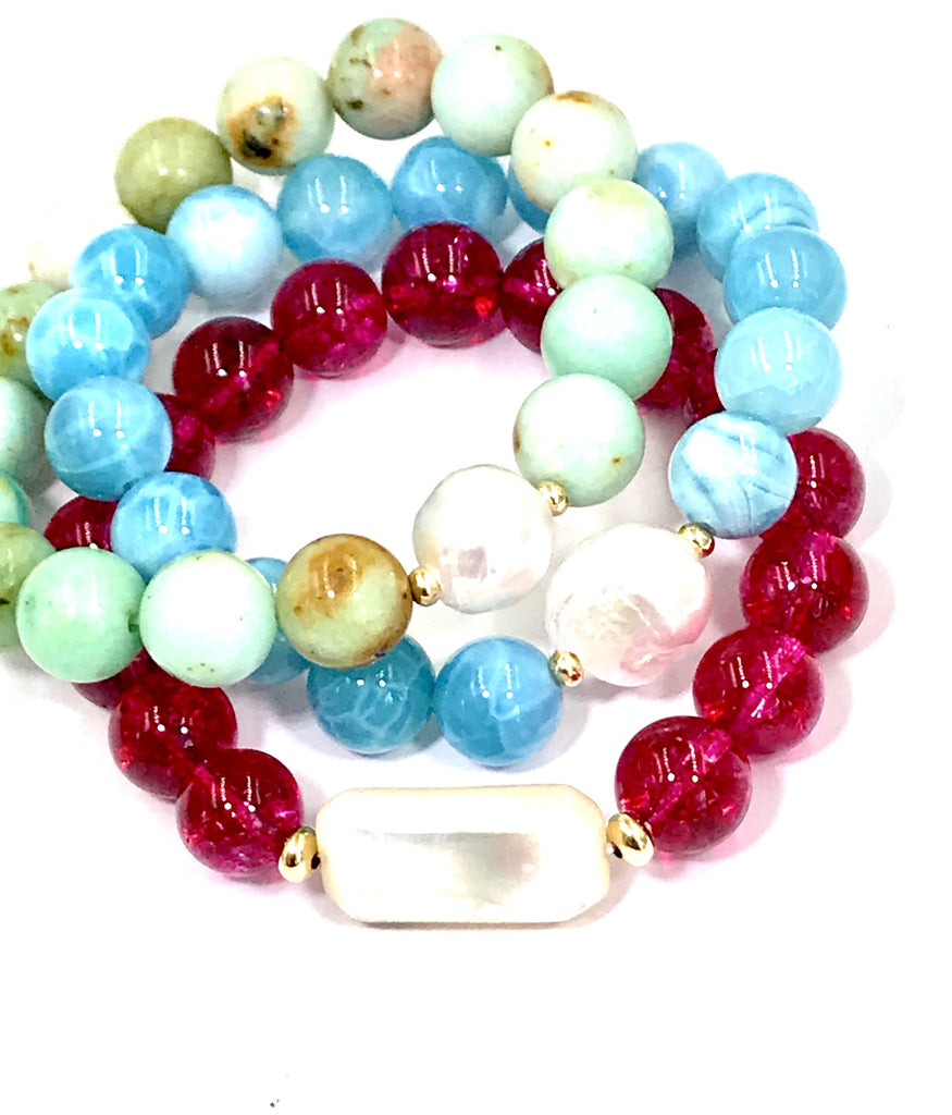 Blue Beaded Stacking Bracelet with Pearl, Blue Chalcedony - doolittlejewelry