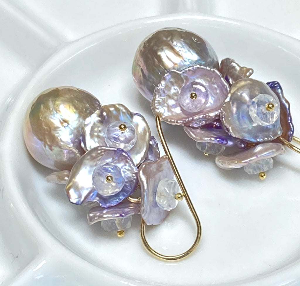 Silver Gray AAAA Pearl Cluster Earrings with Lavender Keishi and Rainbow Moonstone