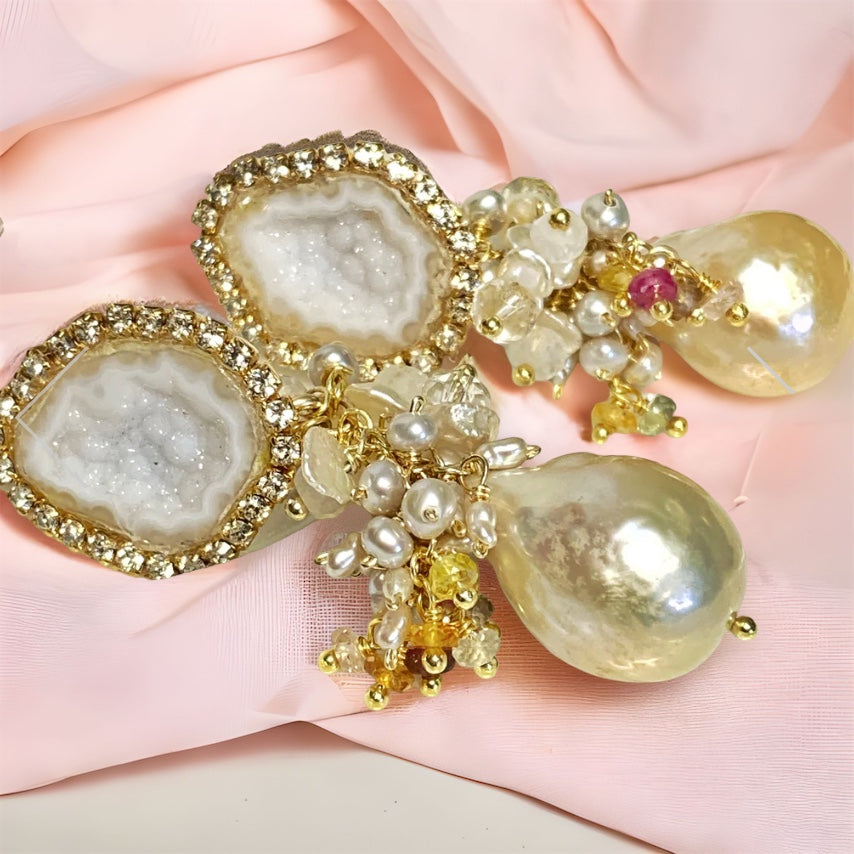 White Tabasco Geode Wedding Earrings with Ivory Edison Pearls