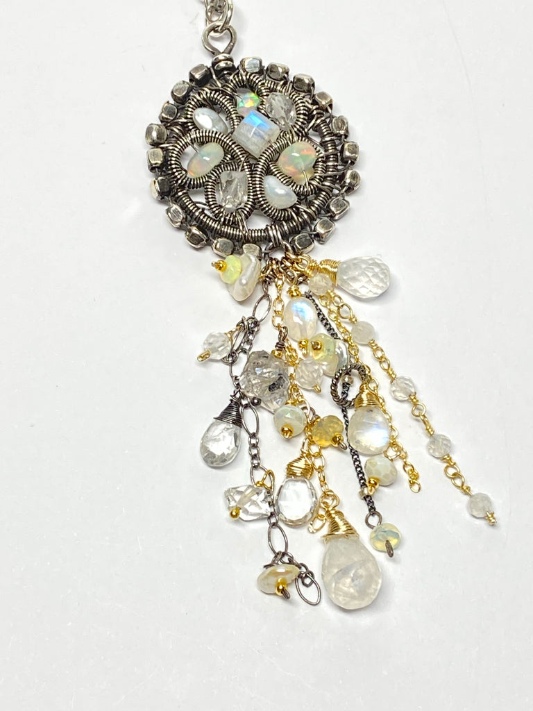 Opal, Moonstone, Crystal Oxidized Silver Coiled Pendant Necklace