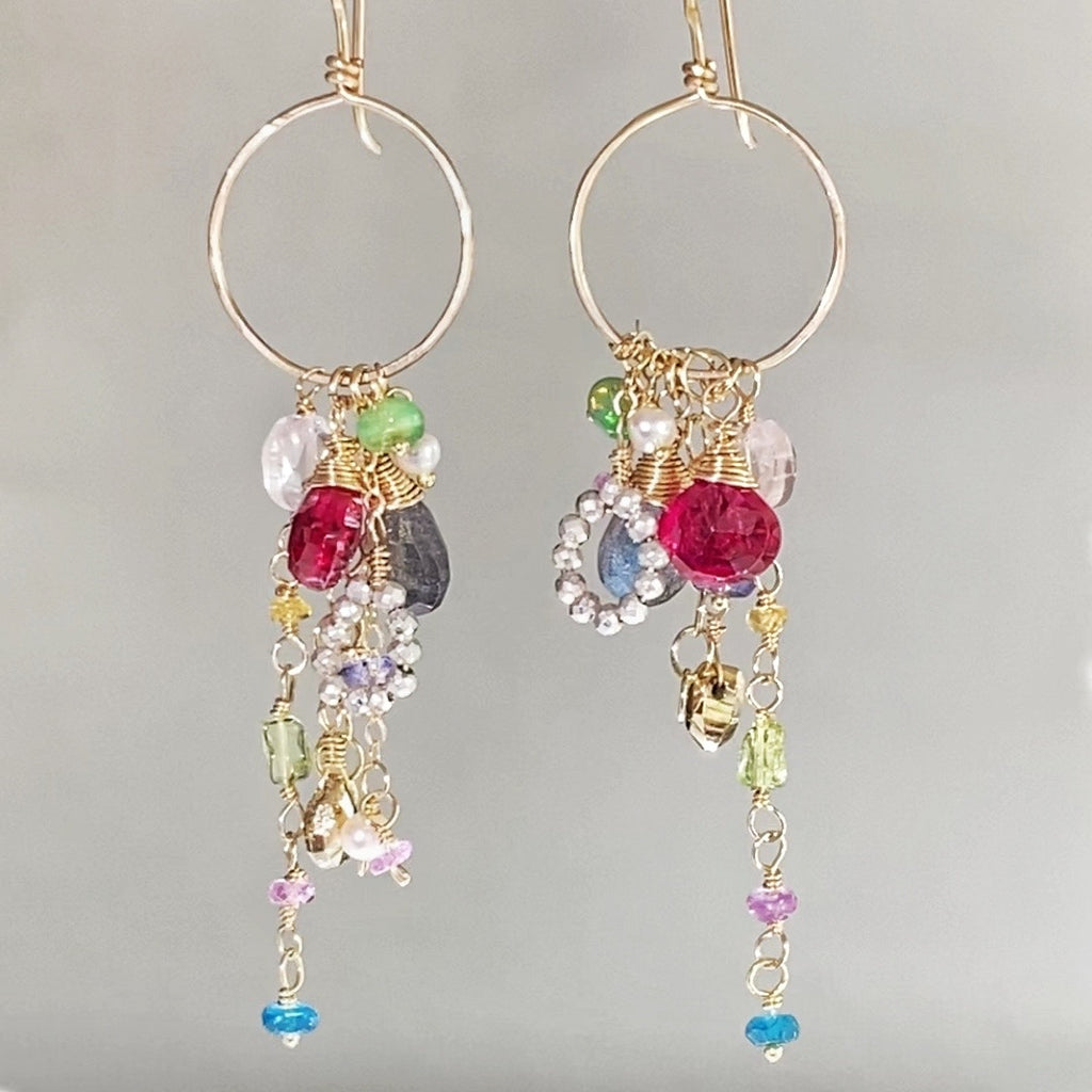 Multi-color Gemstone Dangle Earrings Gold Chain Red Topaz