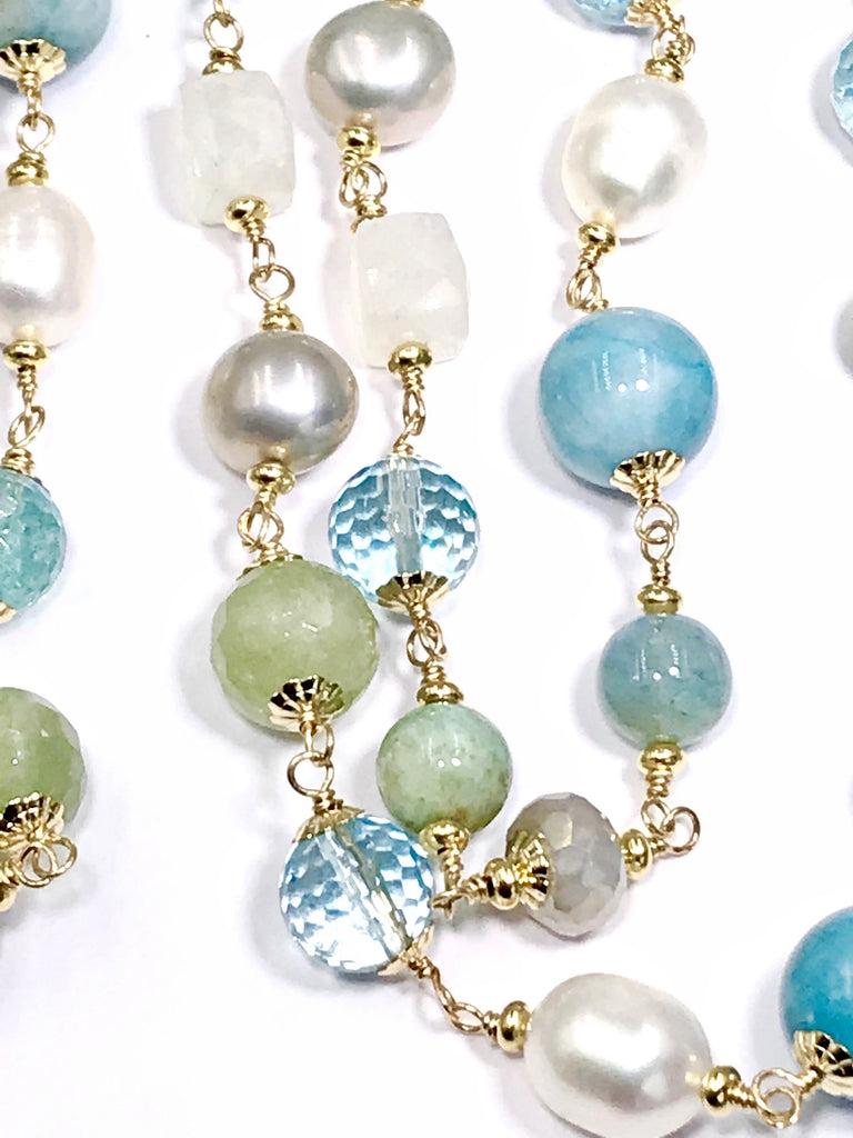Aquamarine Pearl Long Wire Wrap Necklace Gold Moonstone