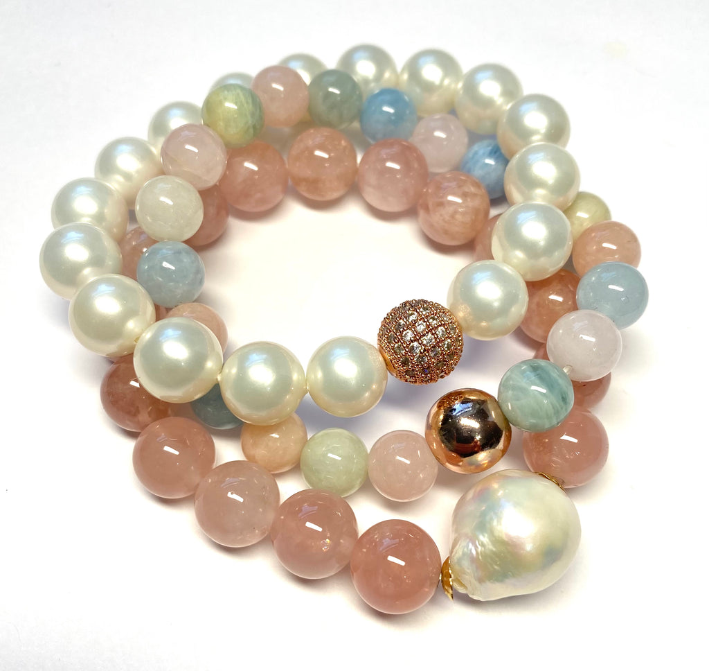 White Pearl Stretch Stacking Bracelet with Rose Gold Pave CZ Bead