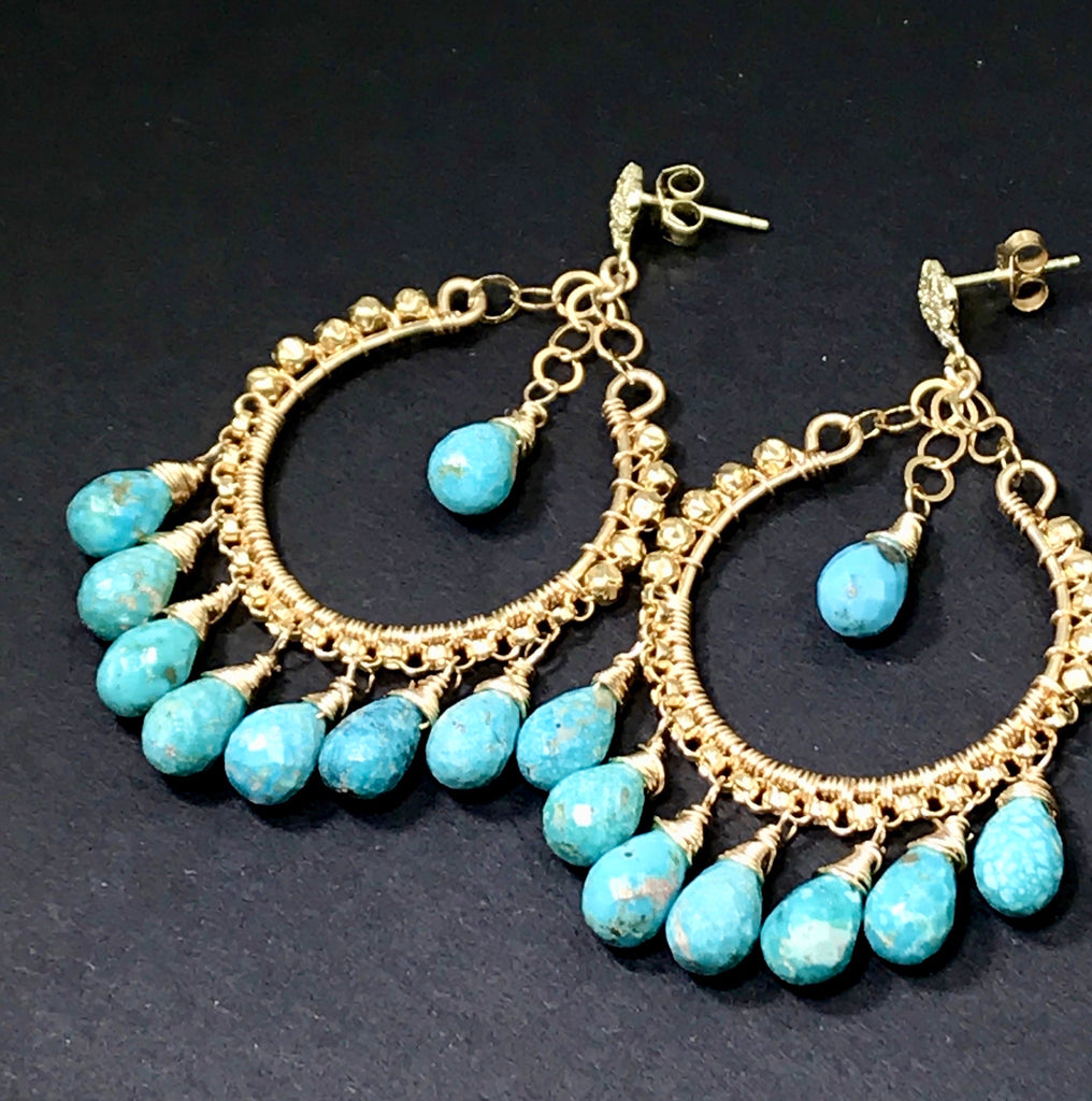 Turquoise Gold Hoop Chandelier Earrings - doolittlejewelry