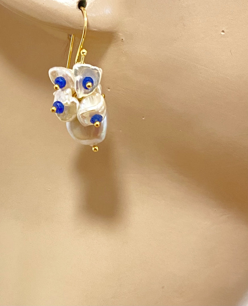 Coin Pearl Blue Lapis Keishi Pearl Cluster Earrings Gold