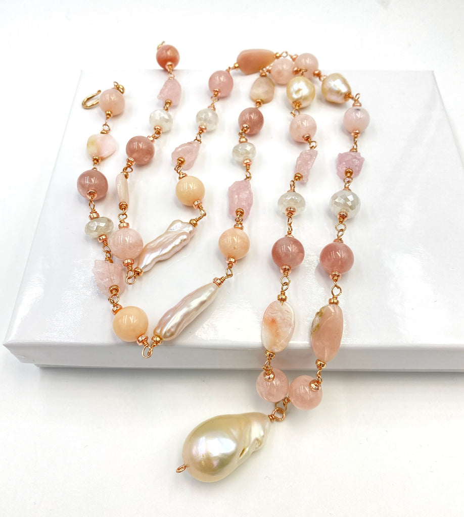 Long Multi Gemstone Necklace Rose Gold Blush Pearl Morganite Pink Peru Opal