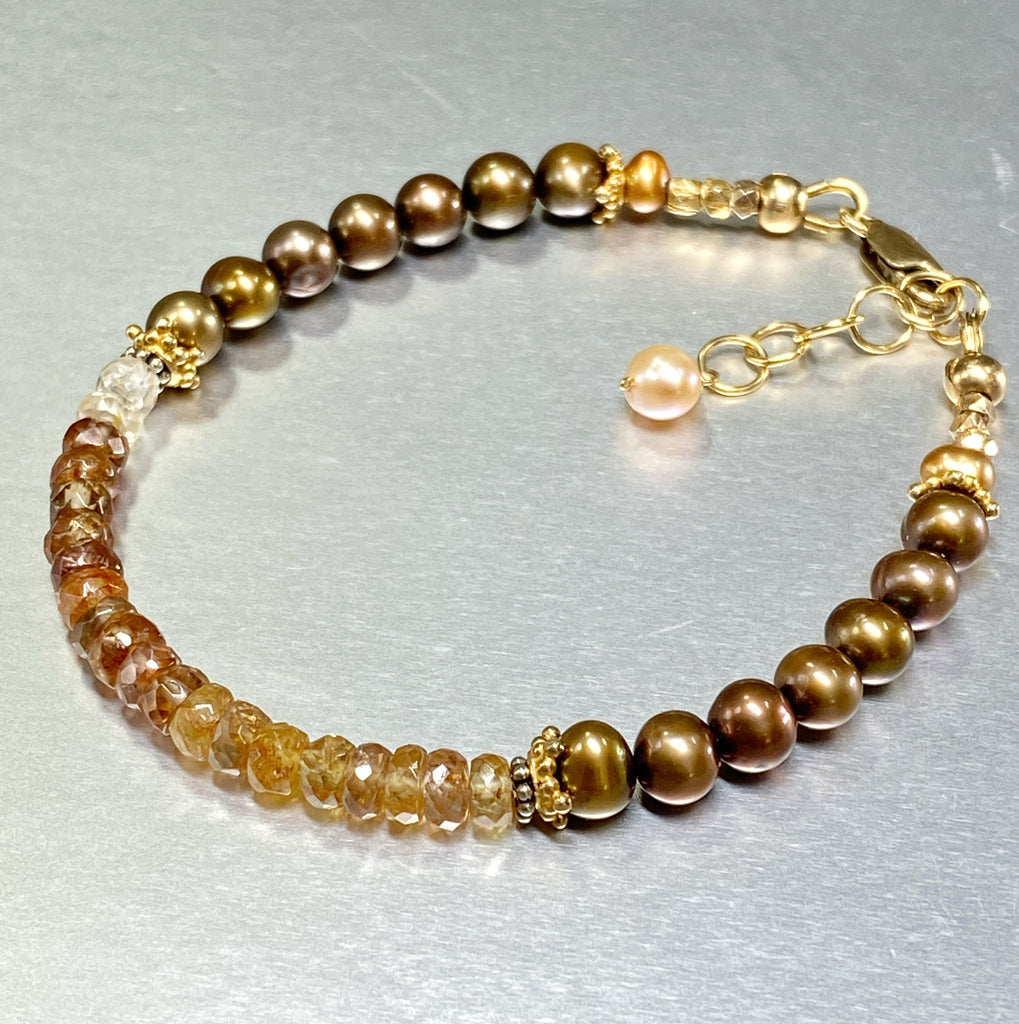 Natural Zircon Gemstone Golden Pearl Dainty Bracelet Gold Fill
