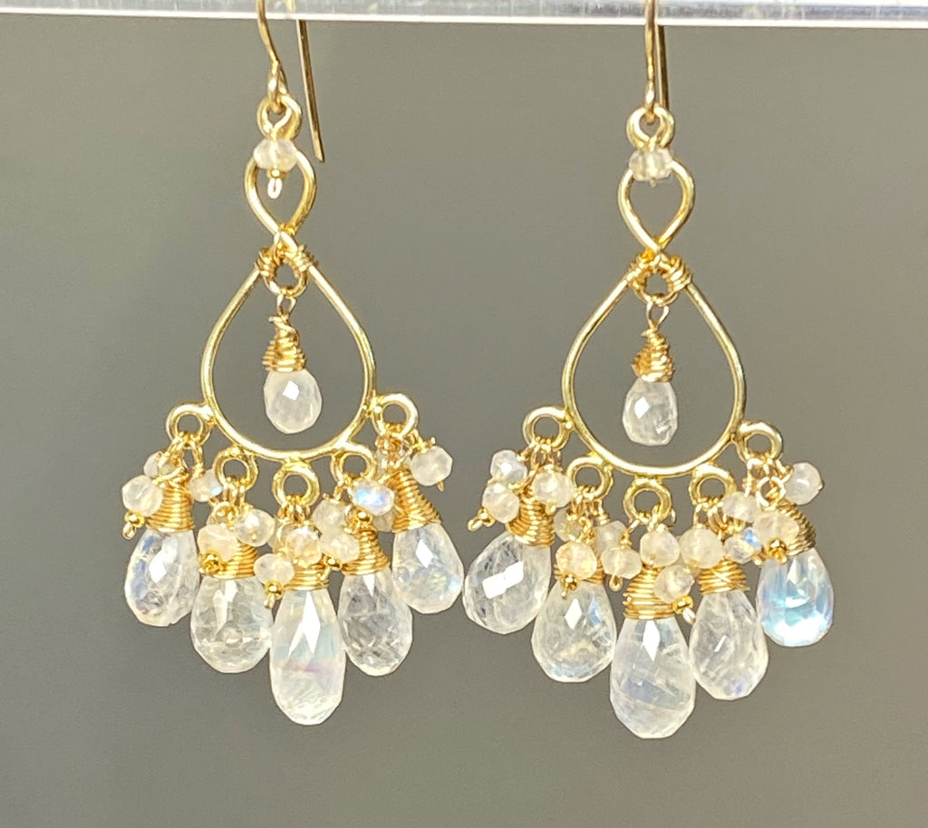 Rainbow Moonstone Gold Chandelier Earrings