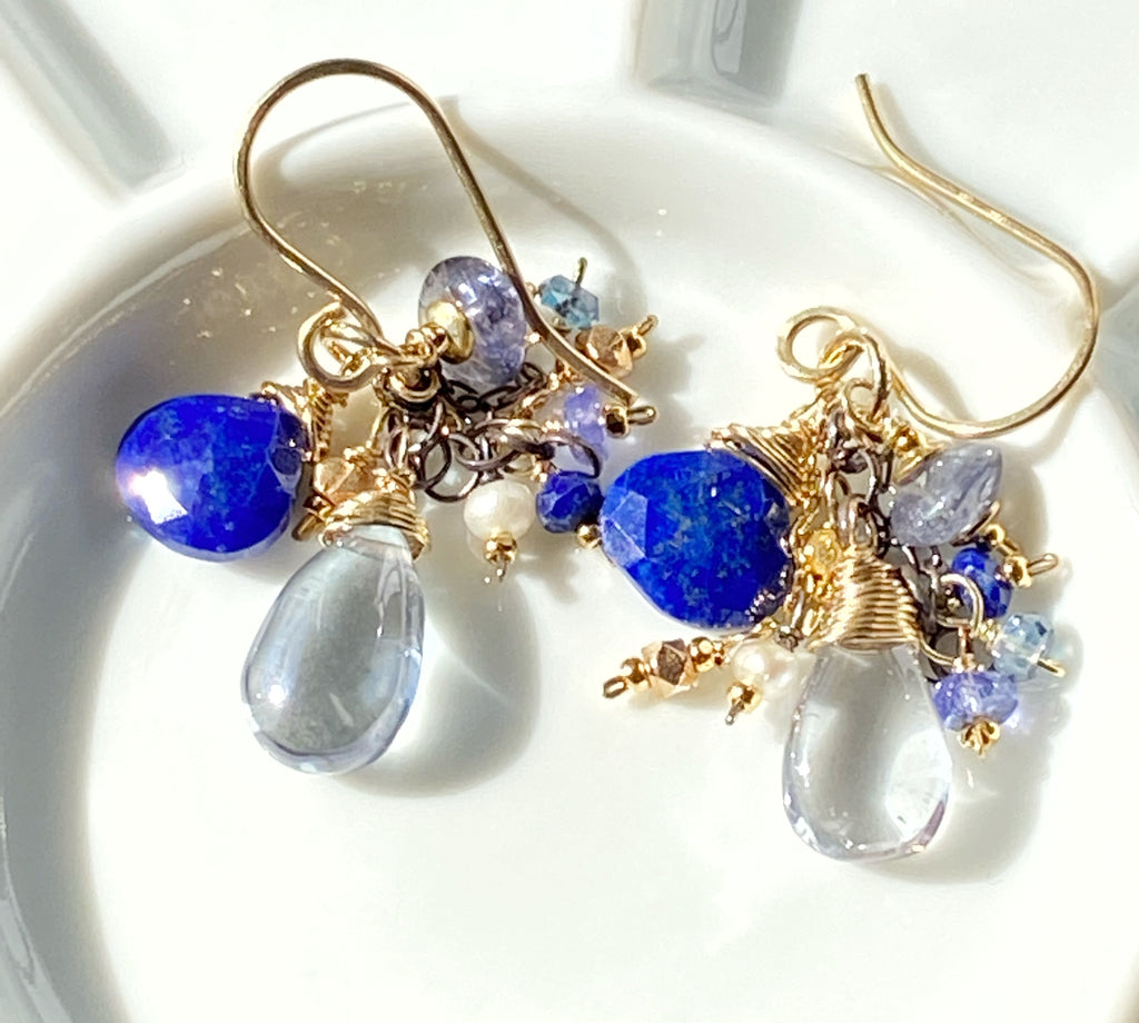 Blue Lapis Dangle and Gemstone Chain Earrings - Doolittle