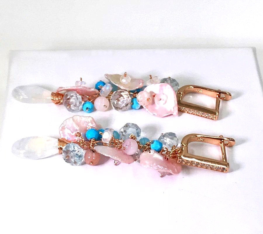 Moonstone and Blush Keishi Pearl Pastel Cascade Dangle Earrings