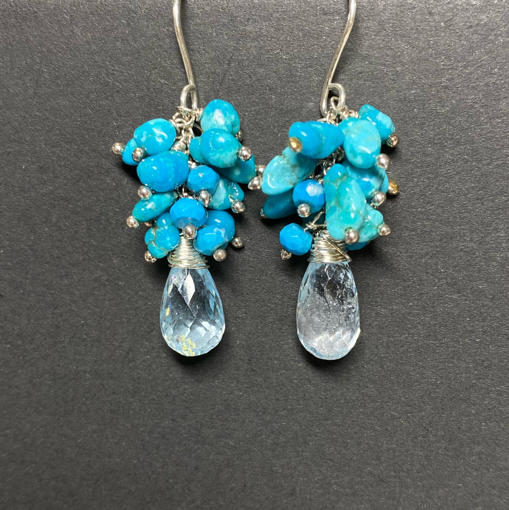 Blue Topaz Earrings with Sleeping Beauty Turquoise Clusters Silver