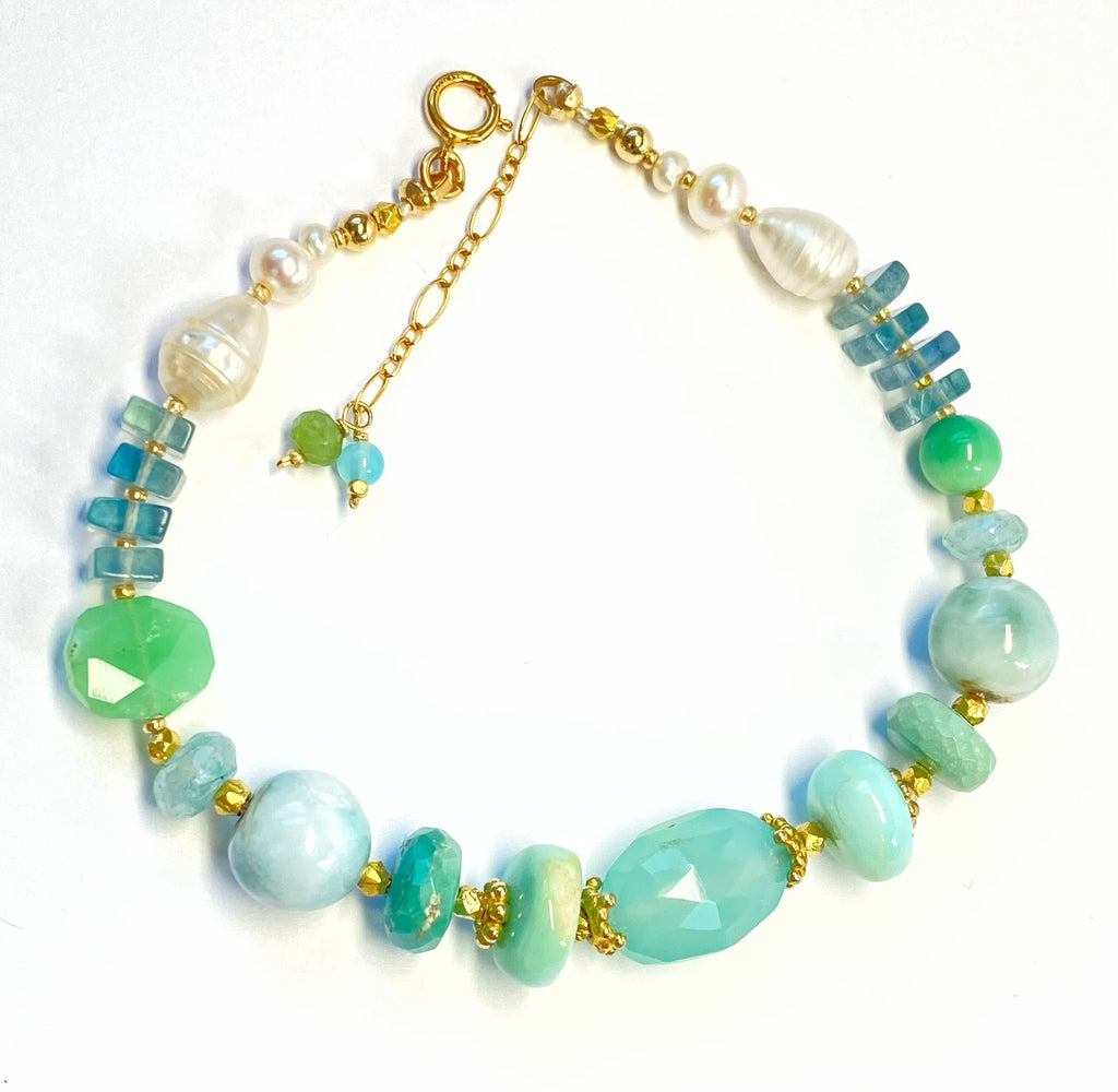 Aqua Chalcedony, Pearl and Gem Silk Knot Bracelet