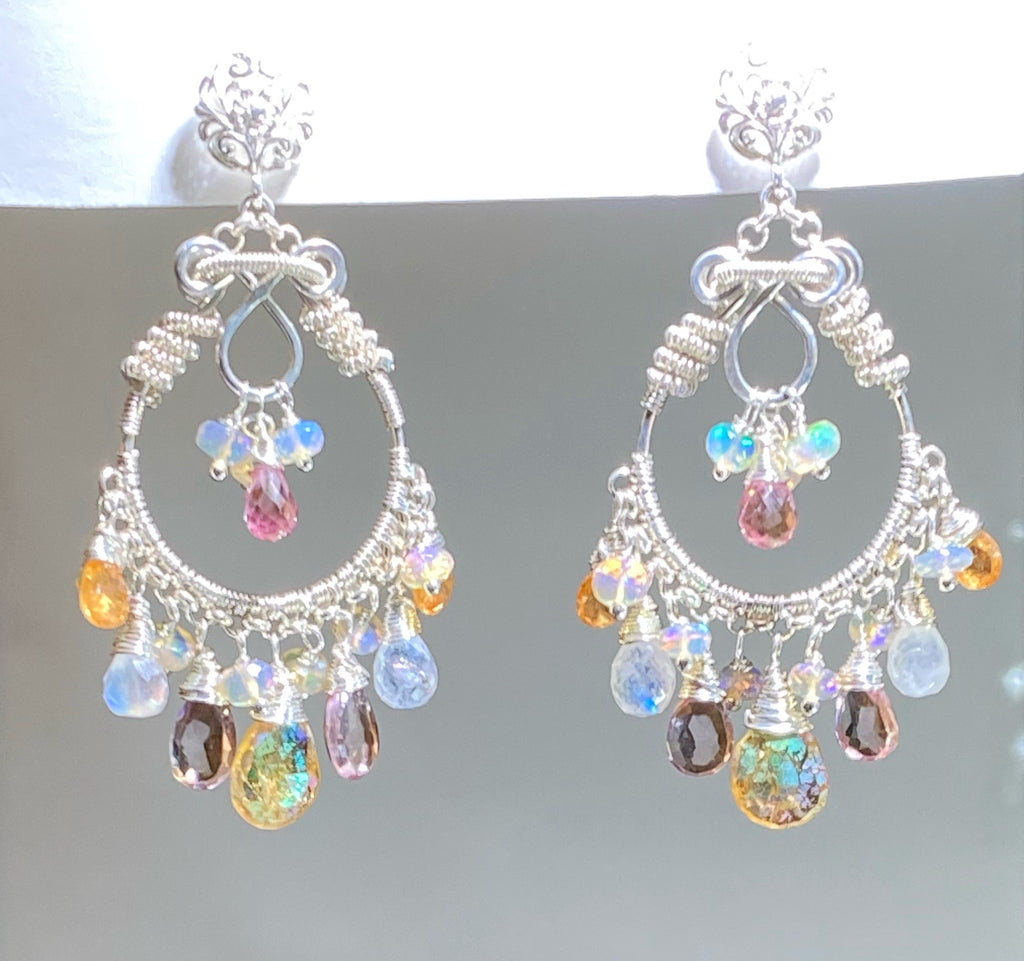 Mystic Citrine Moonstone Opal Pink Topaz Hoop Earrings in Sterling Silver