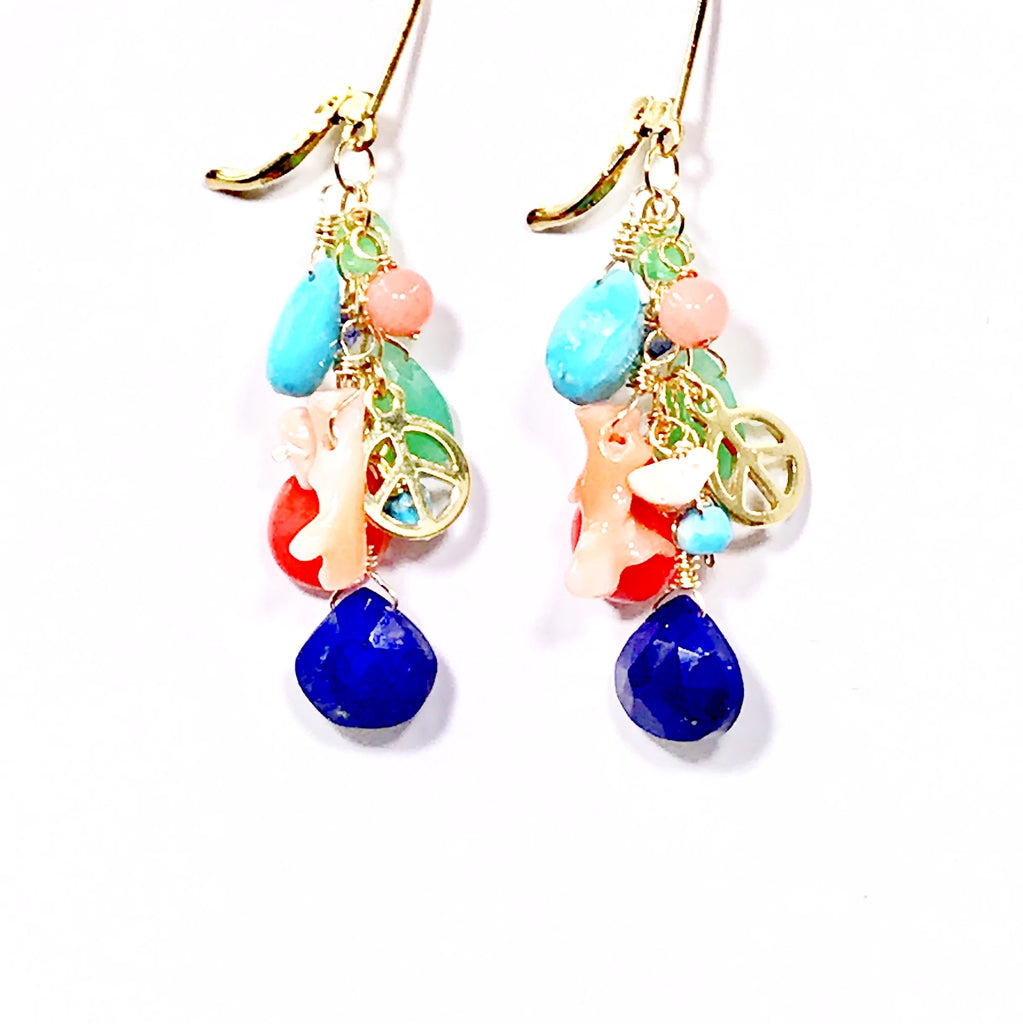 Multi Gemstone Gold Dangle Earrings Coral Blue Lapis Turquoise