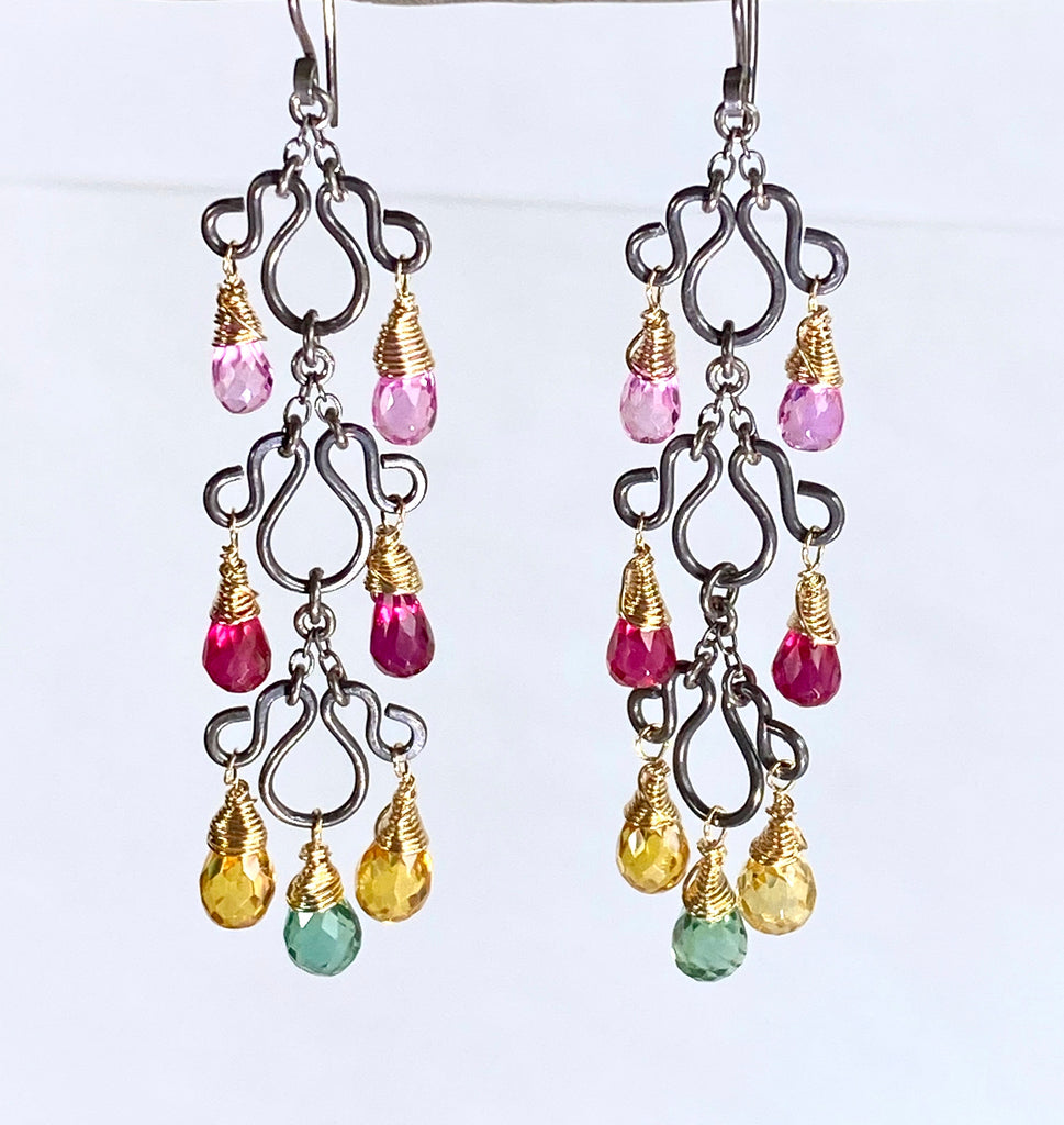 Multi-color Long Chandelier Earrings Oxidized Silver Colorful Corundum Quartz - doolittlejewelry