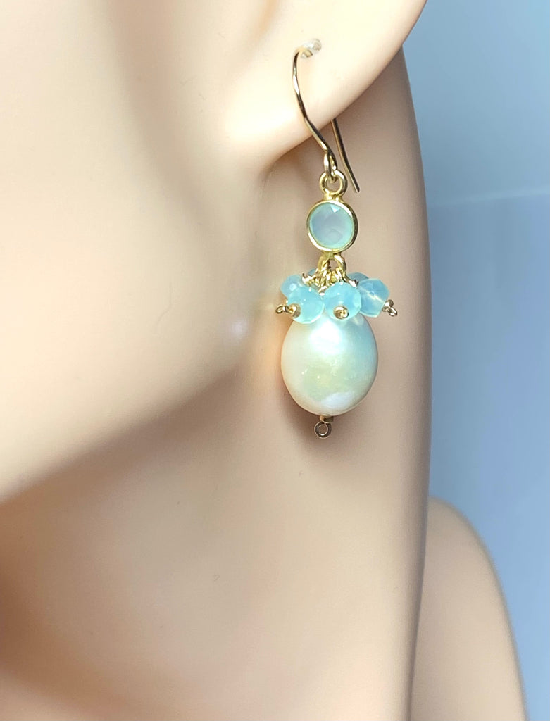 Pearl, Gemstone Cluster, Aqua and Dangle Earring - Doolittle