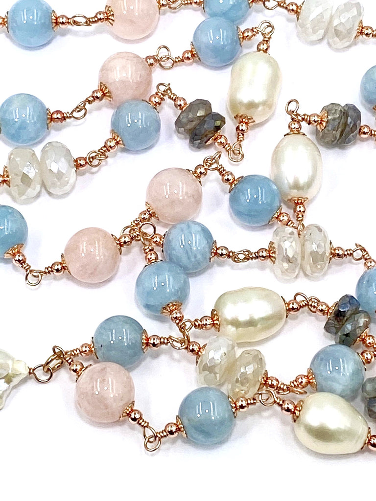 Long Blue Aquamarine Necklace Rose Gold, Pearl Gemstone Sautoir Wire Wrapped