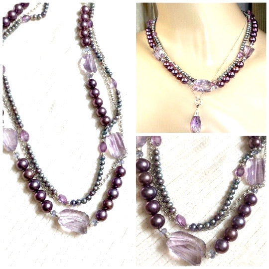 Amethyst and Pearl Multi-Strand Triple Strand Necklace - doolittlejewelry