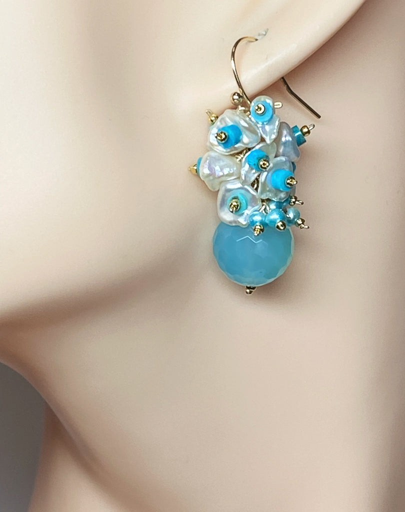 Blue, Turquoise and Keishi Pearl Cluster Earrings - Doolittle