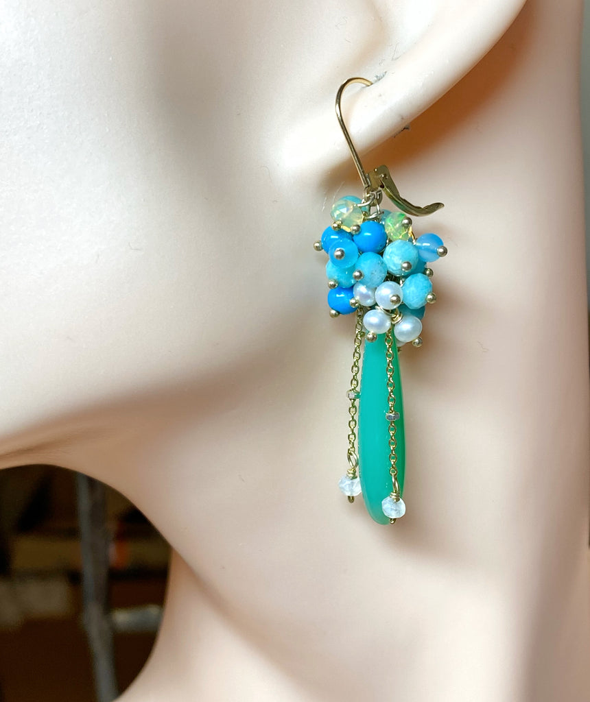 Green, Turquoise, Opal, Amazonite, Pearl Cluster Earrings Gold