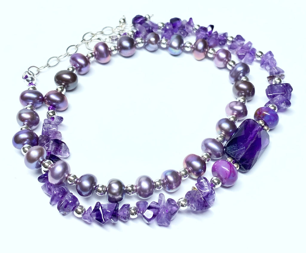 Amethyst Plum Pearl Double Wrap Bracelet Sterling Silver