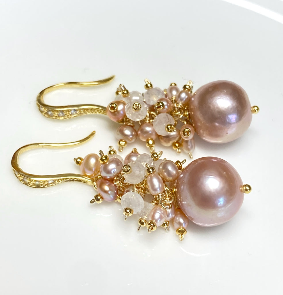 Blush Pink Edison Pearl Cluster Earrings Gold Fill