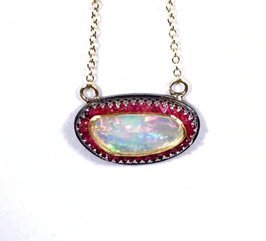 Opal and Pink Spinel Pendant with 22 kt Gold and Oxidized Sterling Silver