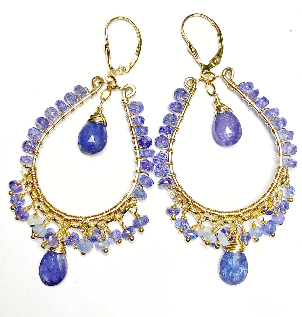 Tanzanite and Opal Hoop Earrings in Gold Fill