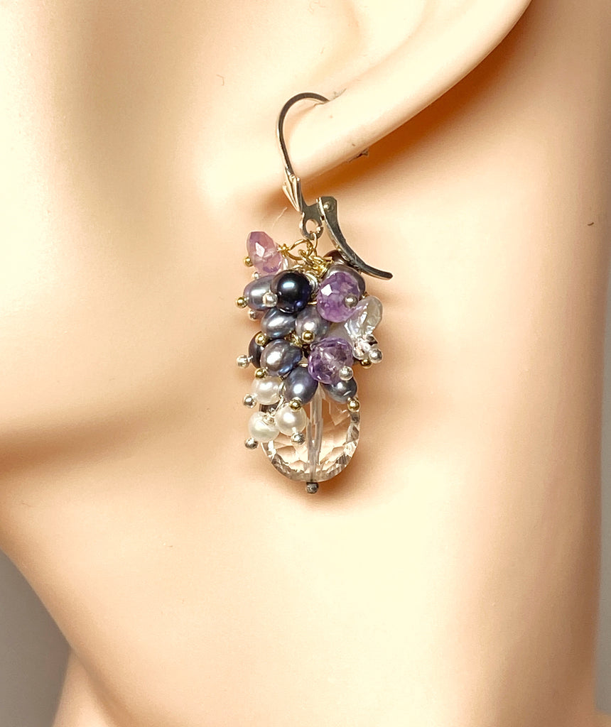 Amethyst Iolite Pearl Cluster Crystal Quartz Pendant, Earrings Set in Mixed Metals, Jewelry Set