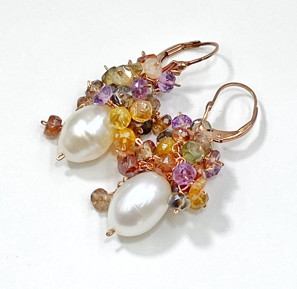 Multi Gemstone Cluster and Pearl Earrings Rose Gold