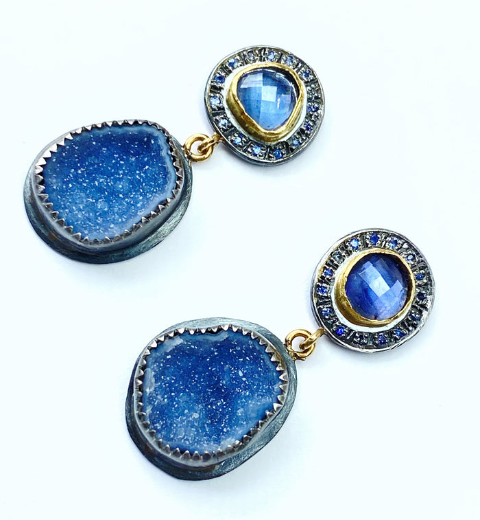 tanzanite and blue geode earrings with pave blue sapphires