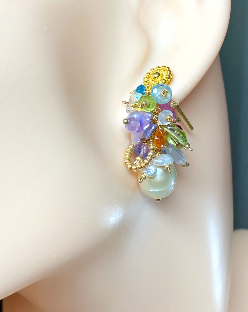 Pearl and Multi Gemstone Cluster Earrings