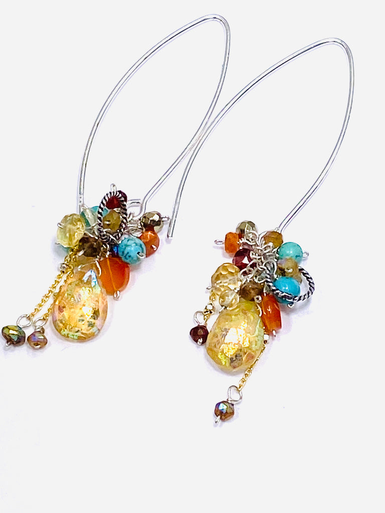 Mystic Citrine Earth Tone Gem Cluster Long Earrings Sterling Silver