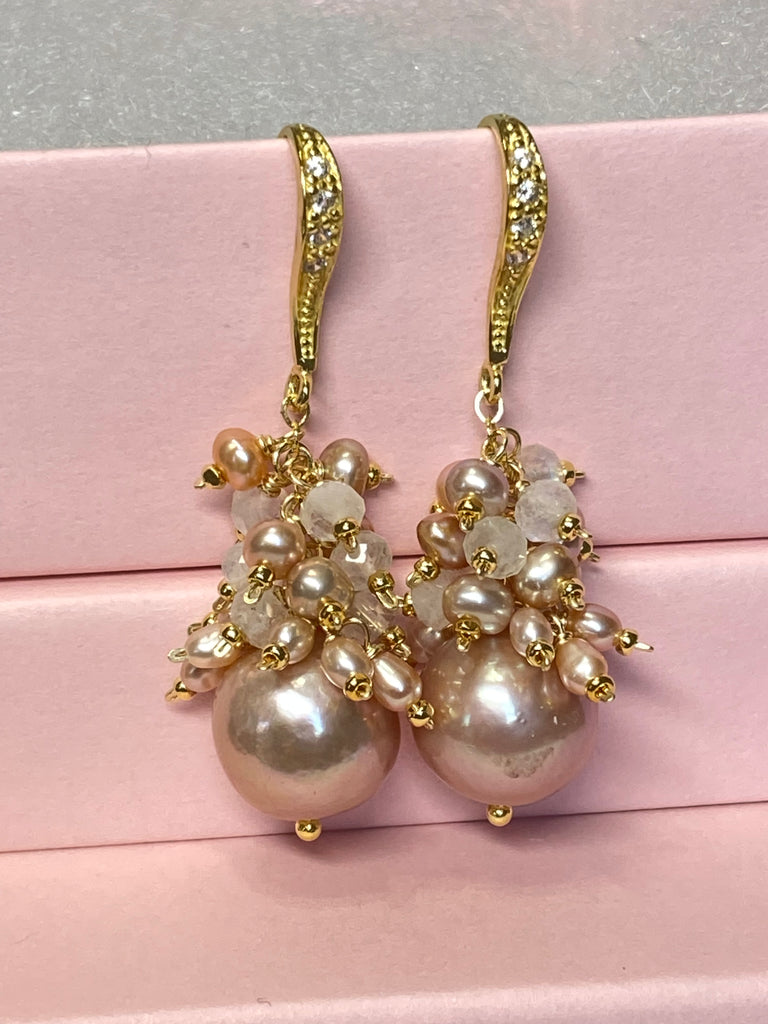 Blush Pink Edison Pearl Cluster Earrings Gold Fill