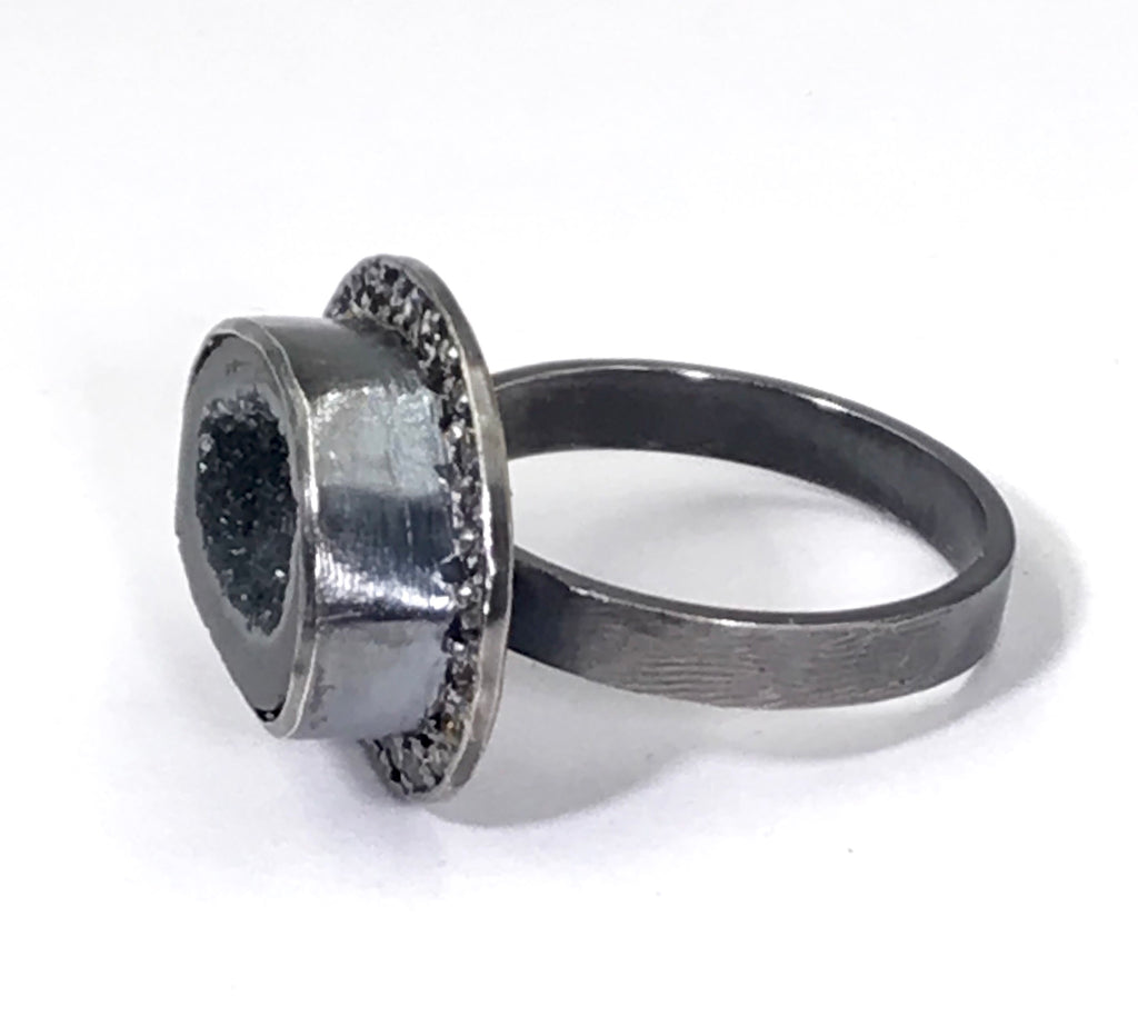 Black Geode and Pave Sapphire Ring in Oxidized Sterling Silver - doolittlejewelry