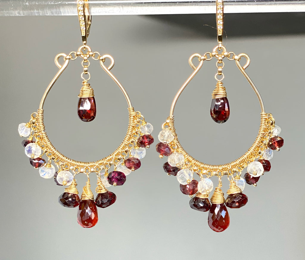 Red Garnet Gold Hoop Earrings Rainbow Moonstone– Doolittle