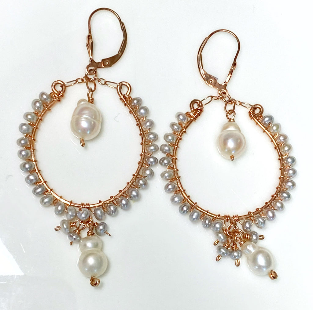 Statement Rose Gold Hoop Earrings with Baroque Pearl Drops