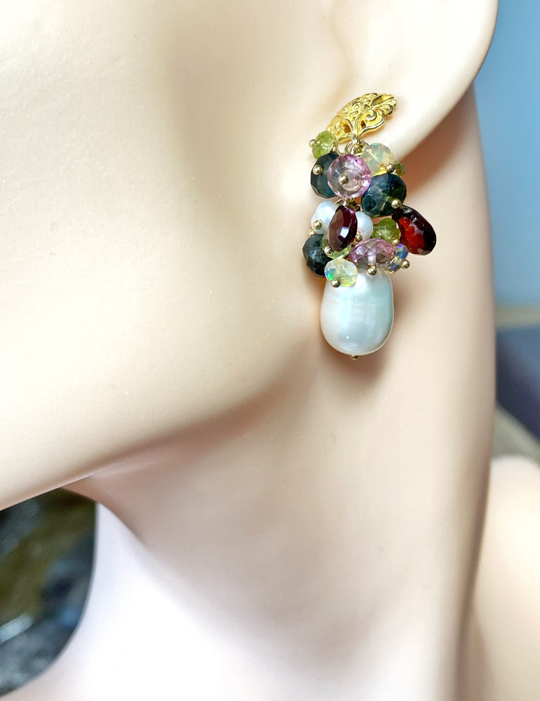 Pearl and Colorful Gemstone Cluster Earrings