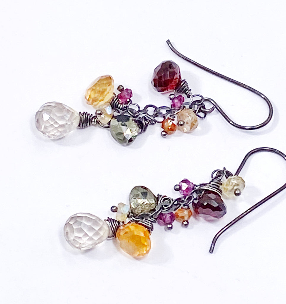 Garnet Oxidized Silver Multicolor Gem Dangle Earrings