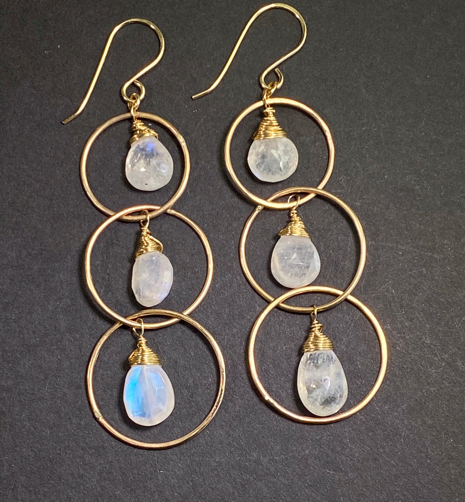 Rainbow Moonstone 14 kt Gold Fill Triple Hoop Earrings - doolittlejewelry