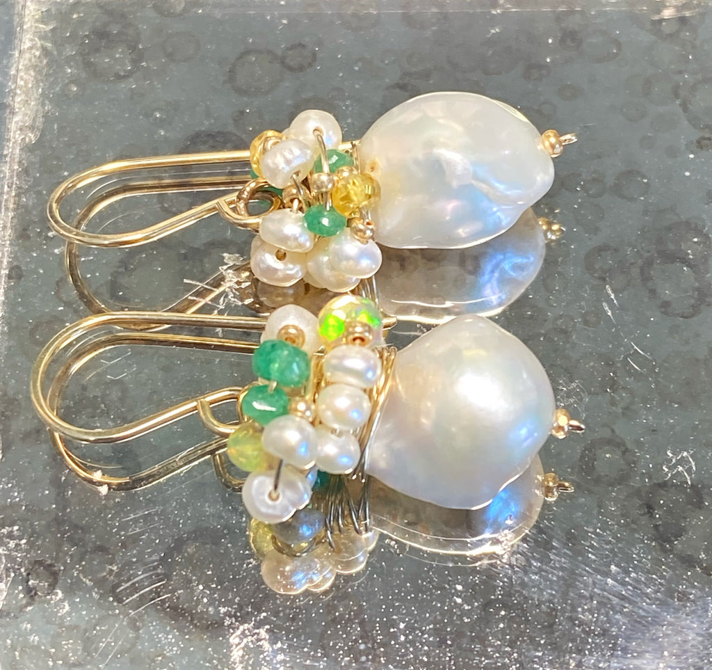 Emerald, Opal and Pearl Cluster Earrings Gold Fill