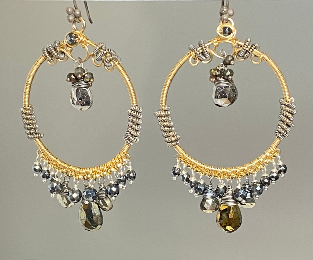 Gold Hoop Earrings with Pyrite Mixed Metals Coiled Silver