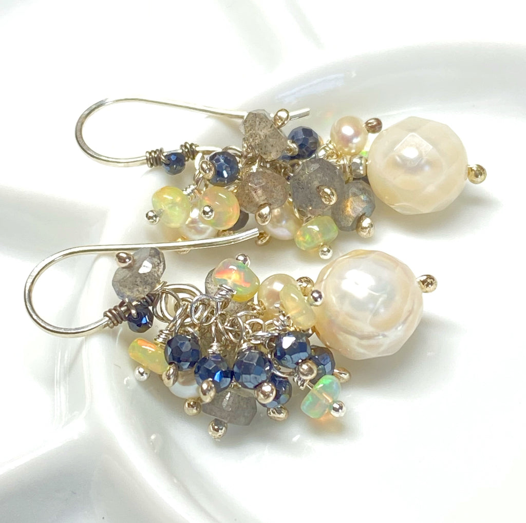 Petite Laser Pearl Cluster Earrings, Black, White, Labradorite, Opals