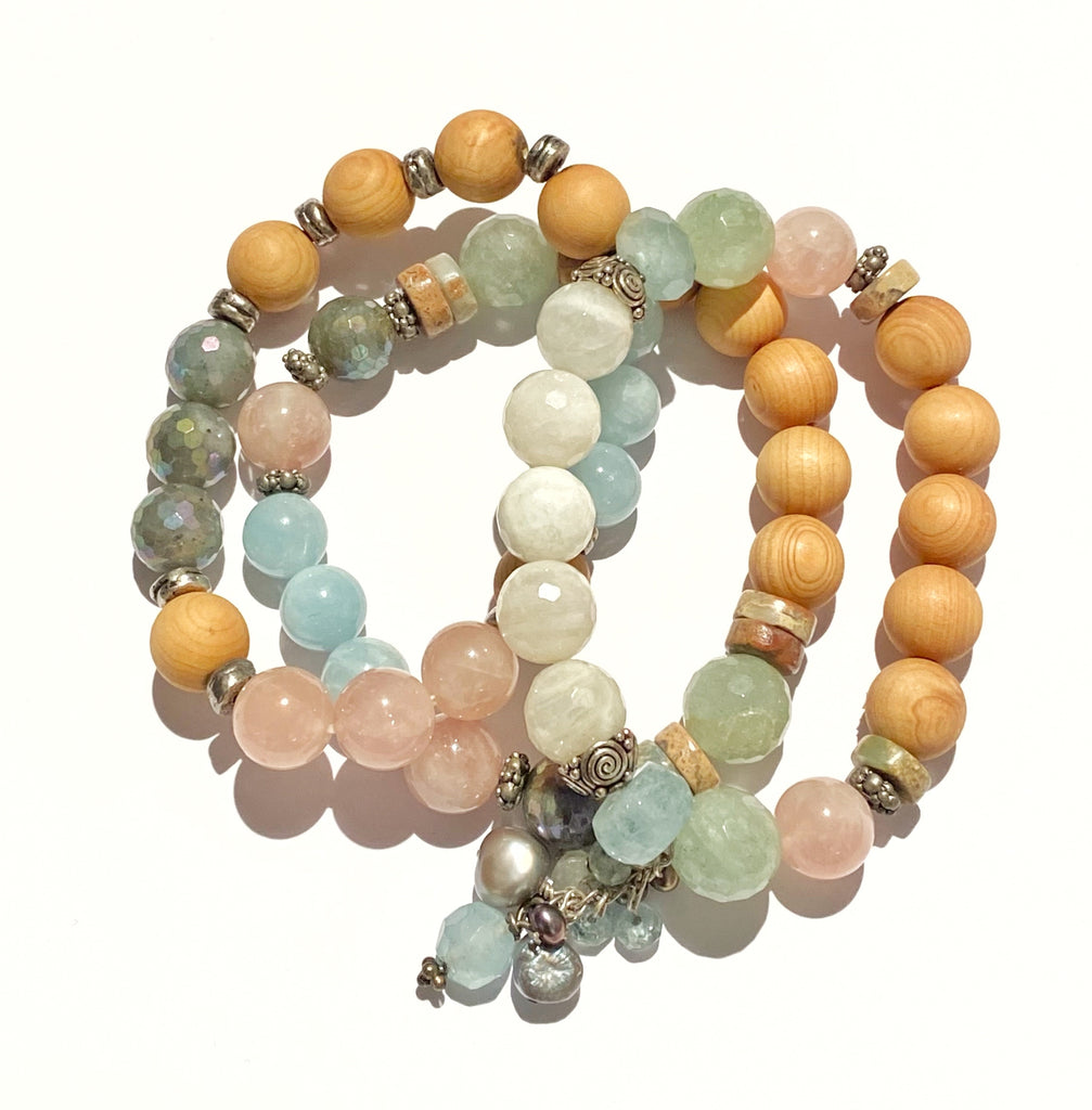 Colorful Pastel Stretch Stacking Bracelet Set of 3 Rose Quartz Moonstone Sandalwood