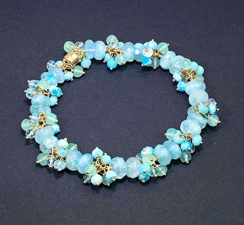 Aqua Moonstone Cluster Bracelet Sterling Silver or Gold Fill - doolittlejewelry