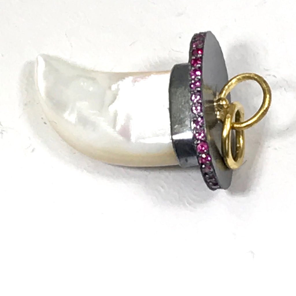 Mother of Pearl Horn Charm Pave Pink Sapphire 22k Gold Oxidized Silver - doolittlejewelry