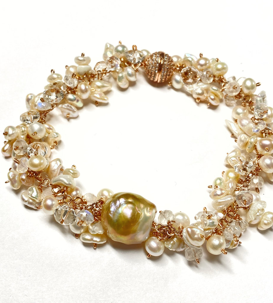 Baroque Pearl Rose Gold Cluster Bracelet Keishi Pearl Moonstone Crystal Quartz