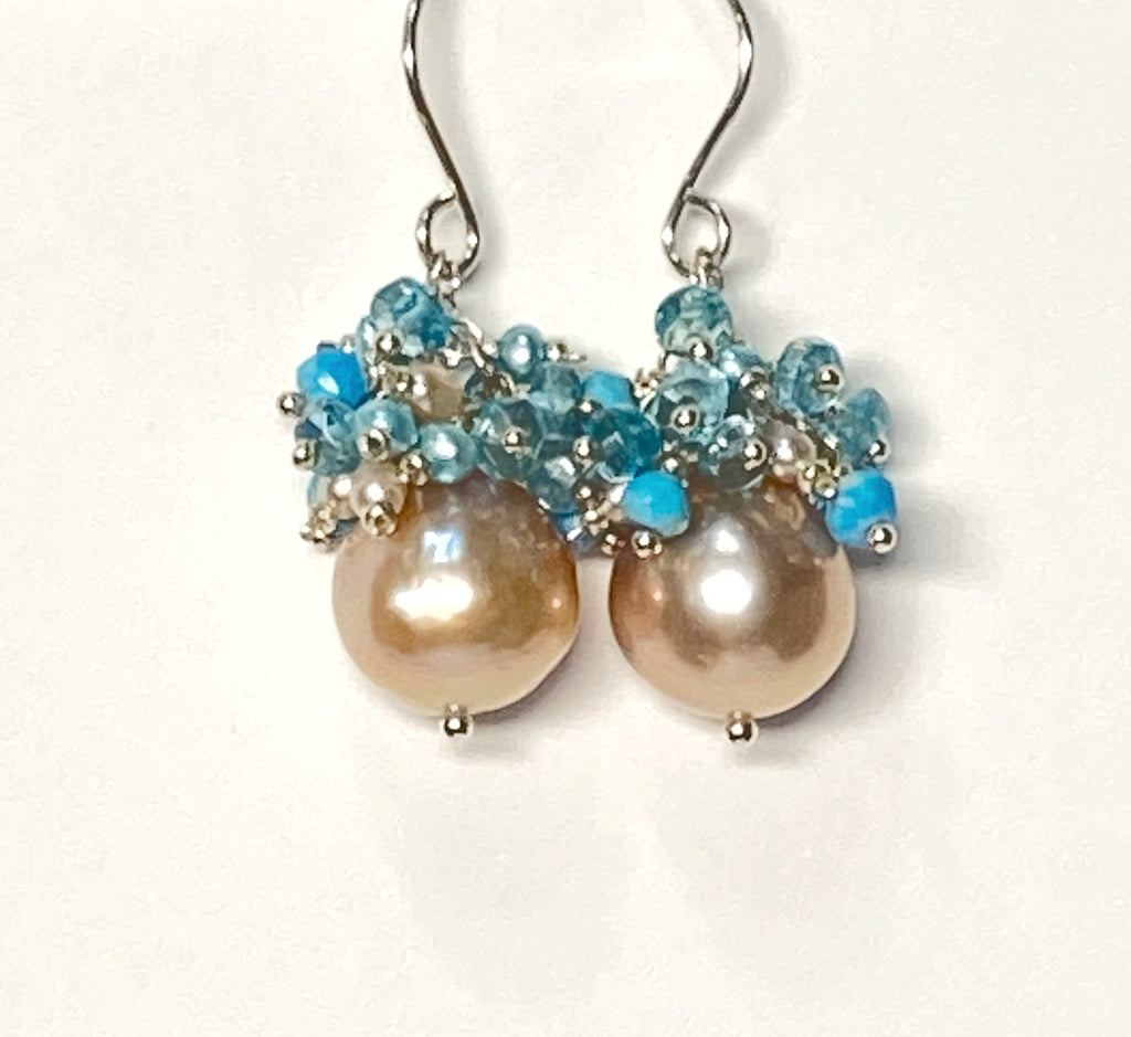 Pink Pearl Earrings with Turquoise Clusters