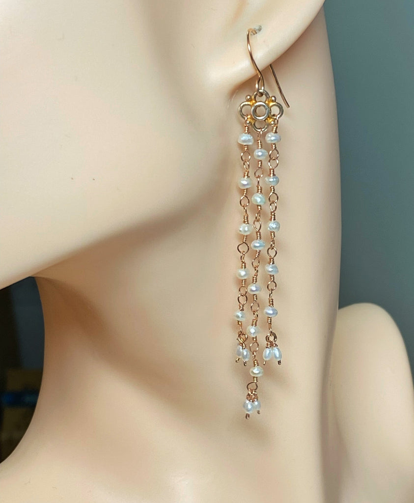 Long Pearl Shoulder Duster Dangle Earrings Rose Gold